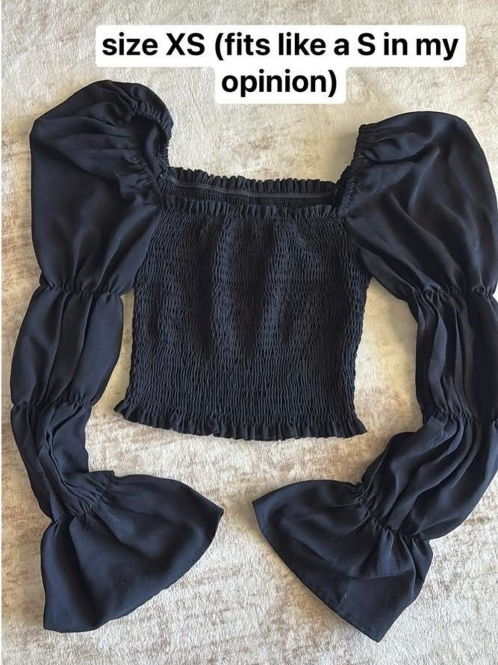 Smocked Puff-Sleeve Crop Top - Black